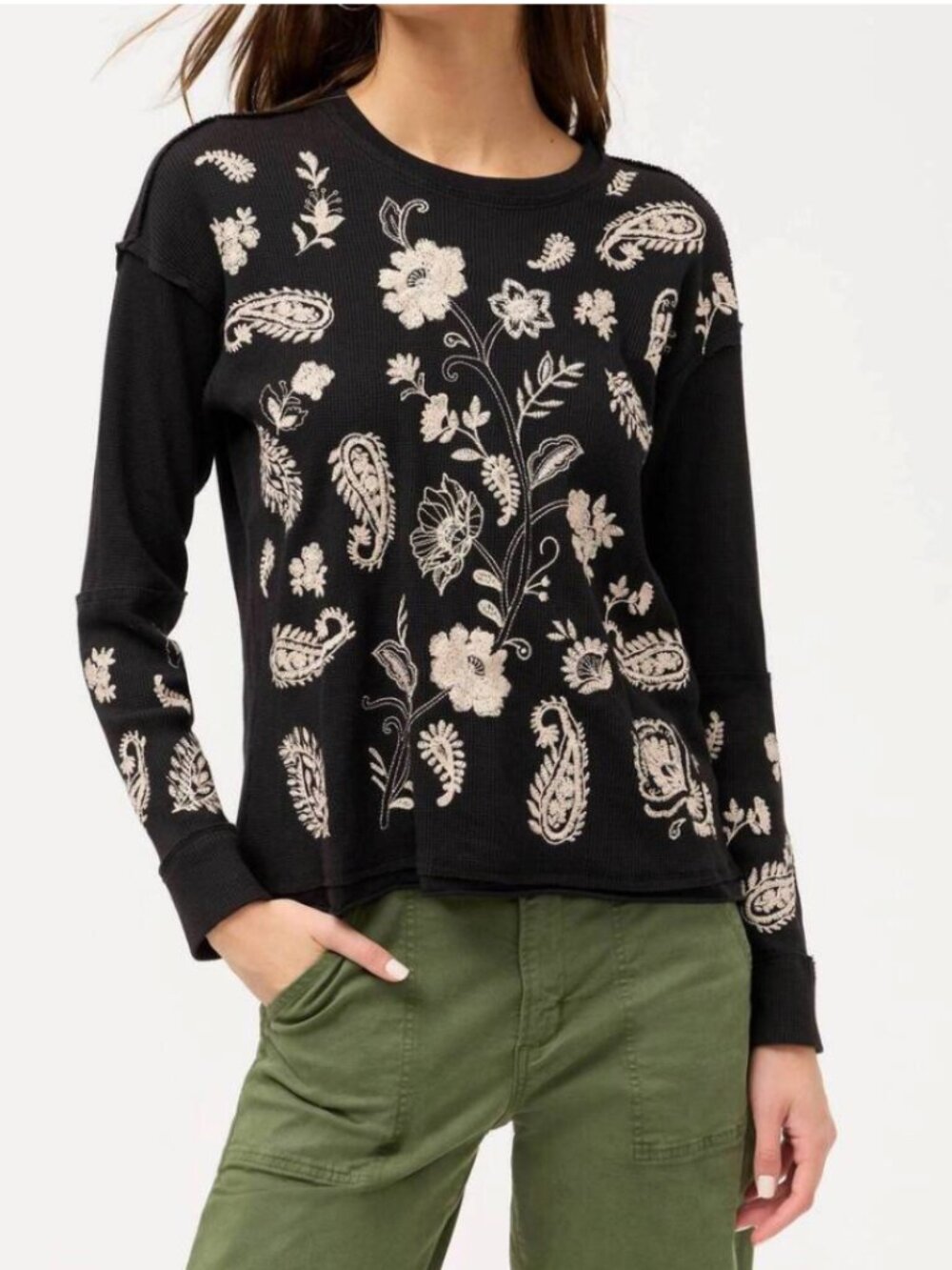 Johnny Was Patchwork Thermal Embroidered Daniela Top Black White NWT M $198